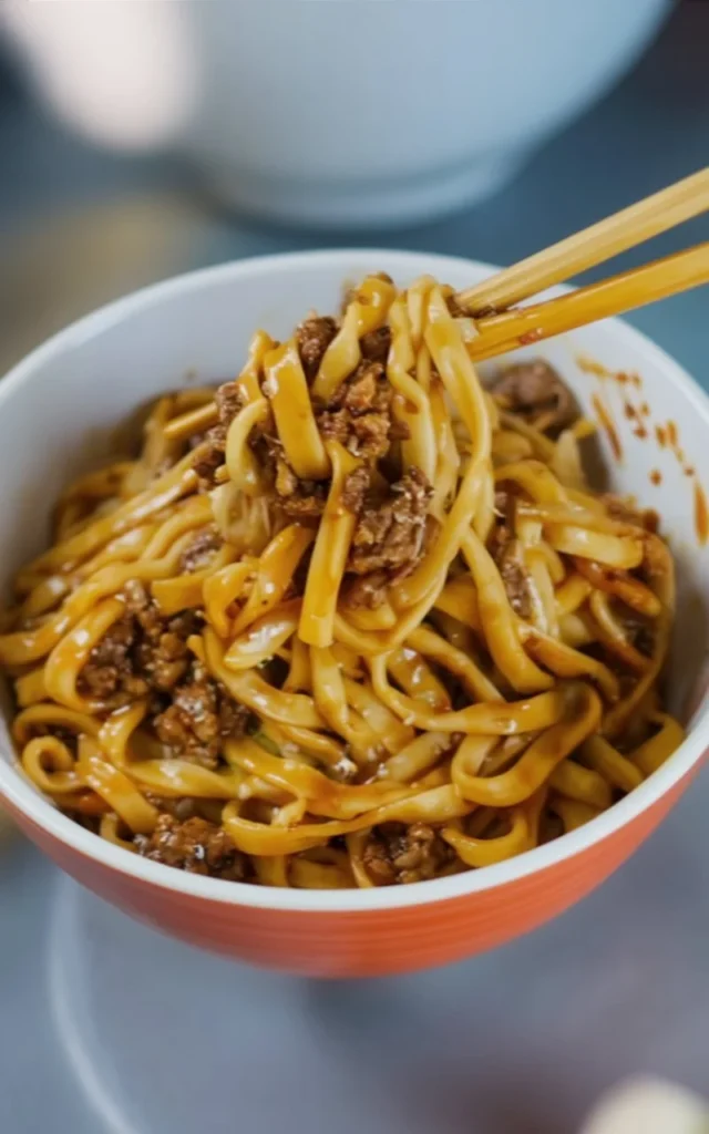 Delicious Mongolian beef noodles served in a bowl, garnished with vegetables.
