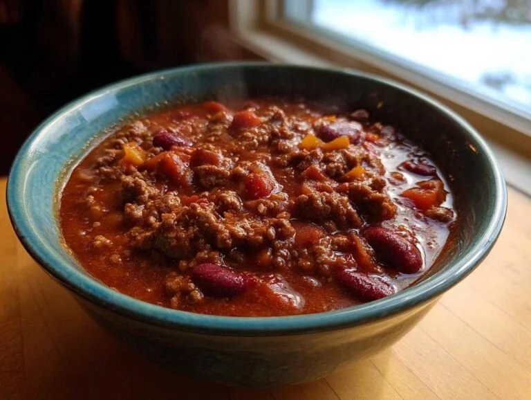 Bowl of delicious Crockpot Chili with toppings