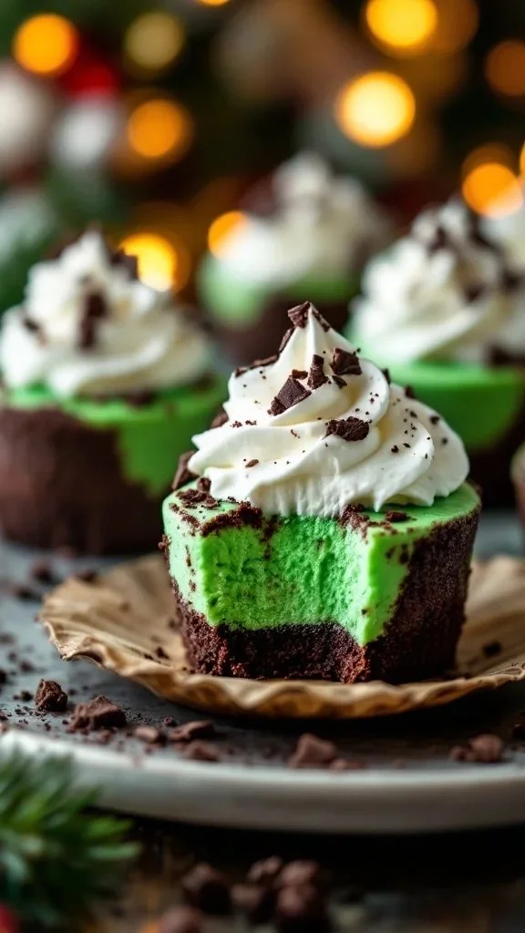 Delicious Andes Mint Mini Cheesecakes topped with mint chocolate