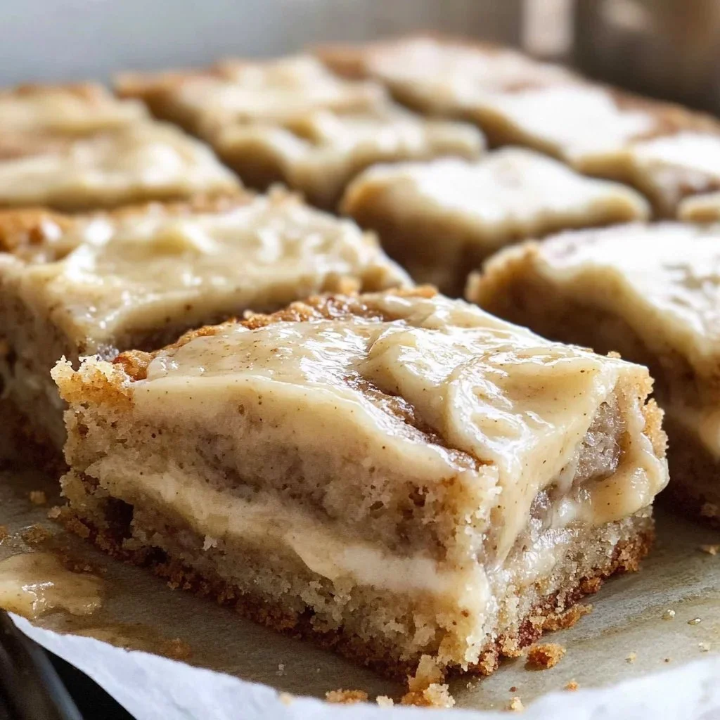 Delicious banana bars with brown butter icing on a white plate