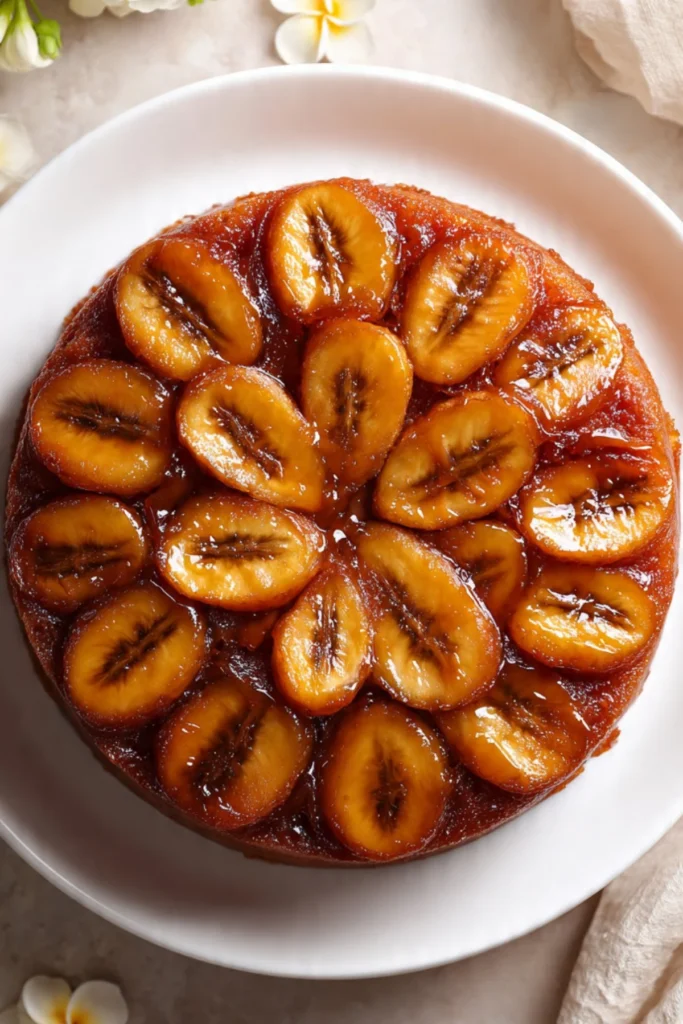 Delicious Banana Foster Upside Down Cake topped with caramelized bananas