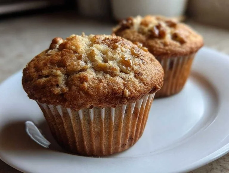Freshly baked Banana Nut Muffins on a wooden table