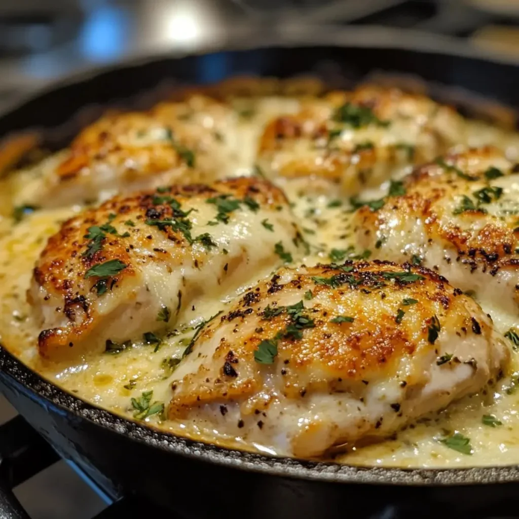 Creamy mozzarella baked chicken skillet with fresh herbs and spices