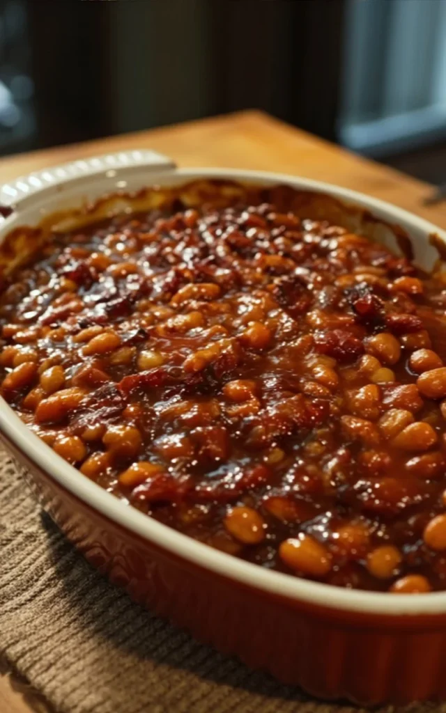 Delicious Southern Baked Beans with Bacon in a serving dish