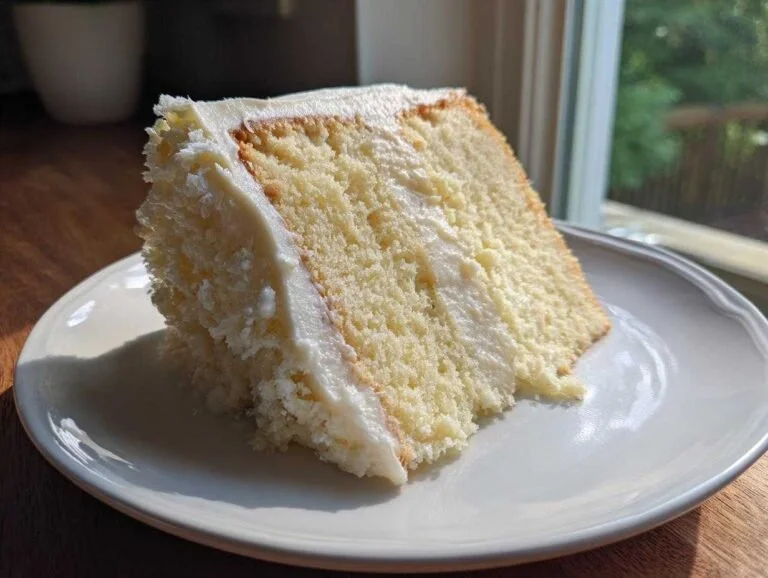 Delicious homemade vanilla cake with frosting and fresh berries on top