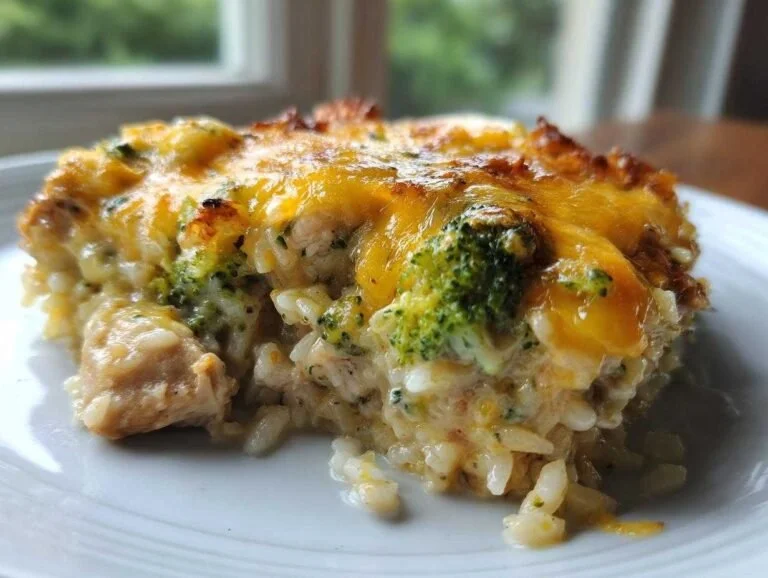 Delicious Chicken Broccoli Rice Casserole served in a baking dish