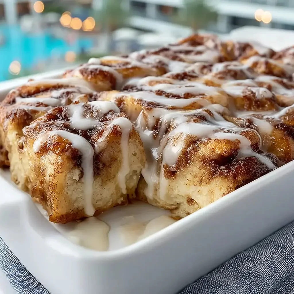 Delicious cinnamon roll casserole baked and served in a dish