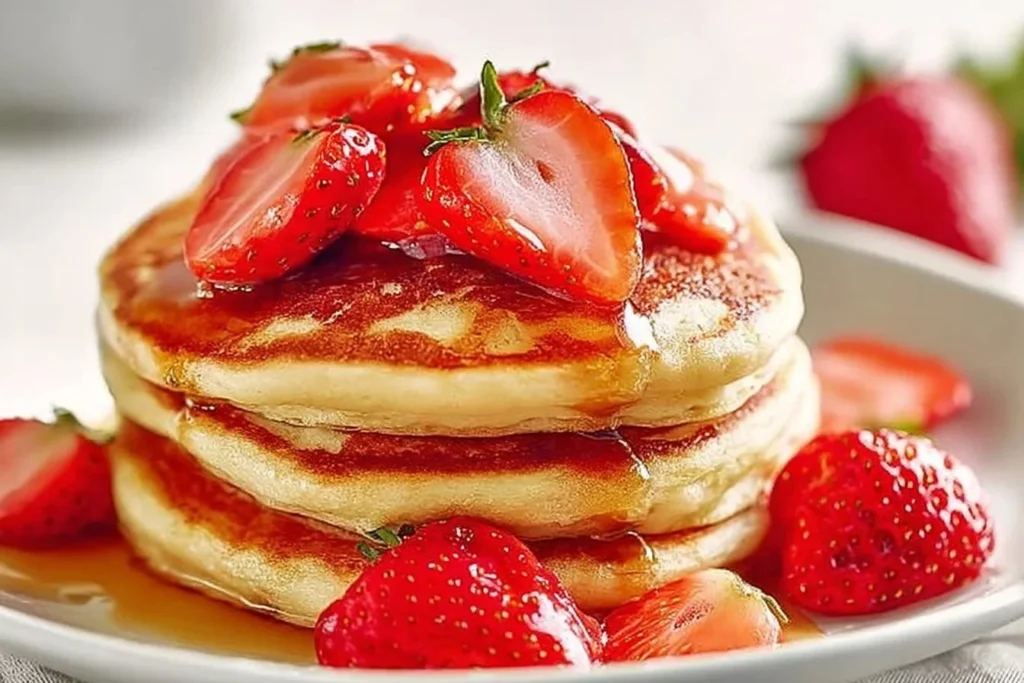 Delicious classic strawberry pancakes served with fresh strawberries and syrup
