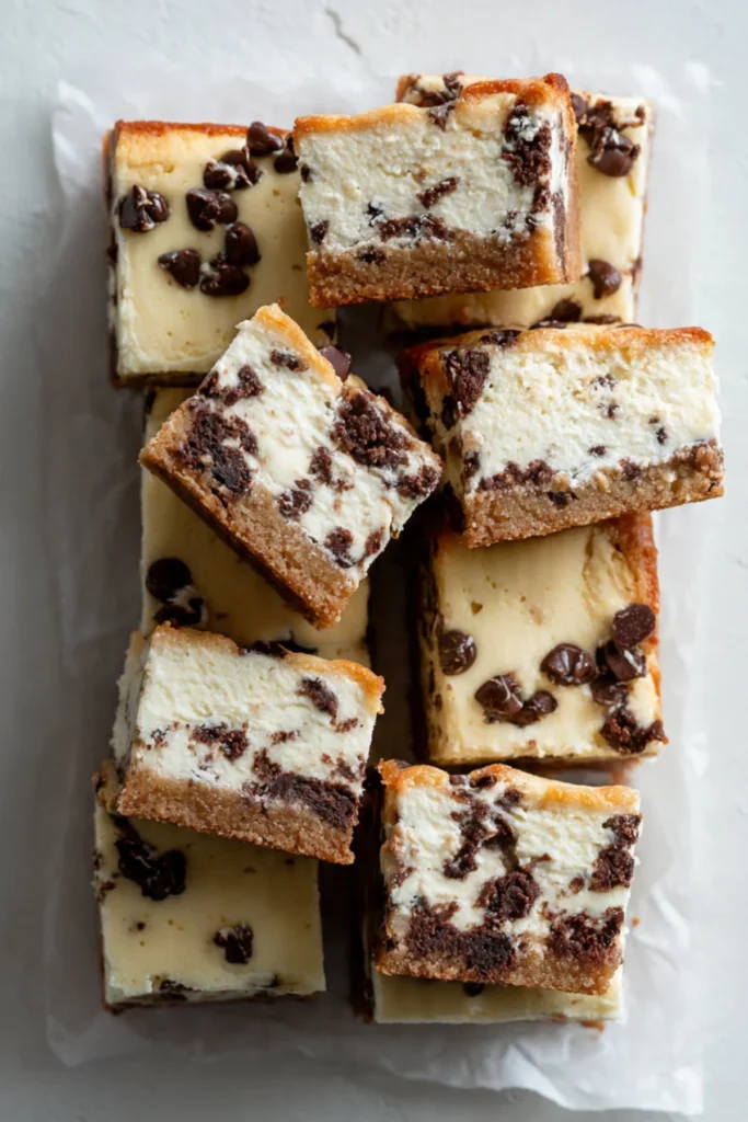 Delicious Cookie Dough Cheesecake Bars topped with chocolate chips