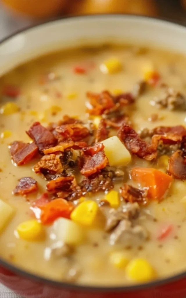 A bowl of delicious Cowboy Soup filled with beans, meat, and spices.