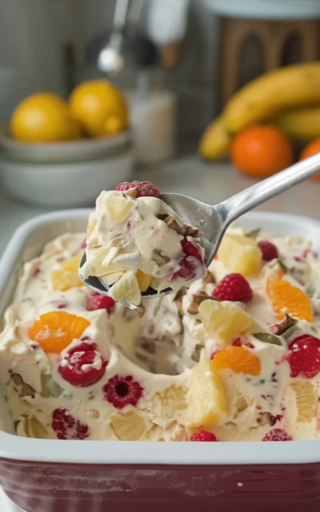 Creamy old-fashioned frozen fruit salad with mixed fruits and whipped cream