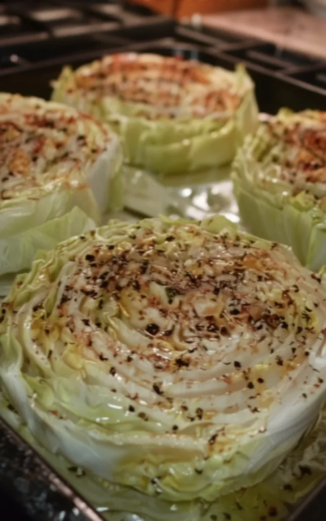 Crispy baked cabbage steaks served on a plate with seasonings