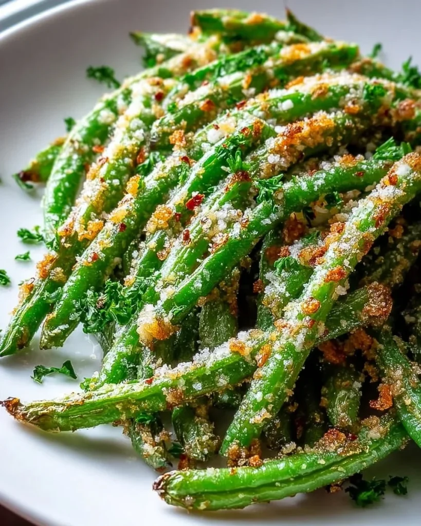 Crispy garlic parmesan roasted green beans in a serving dish