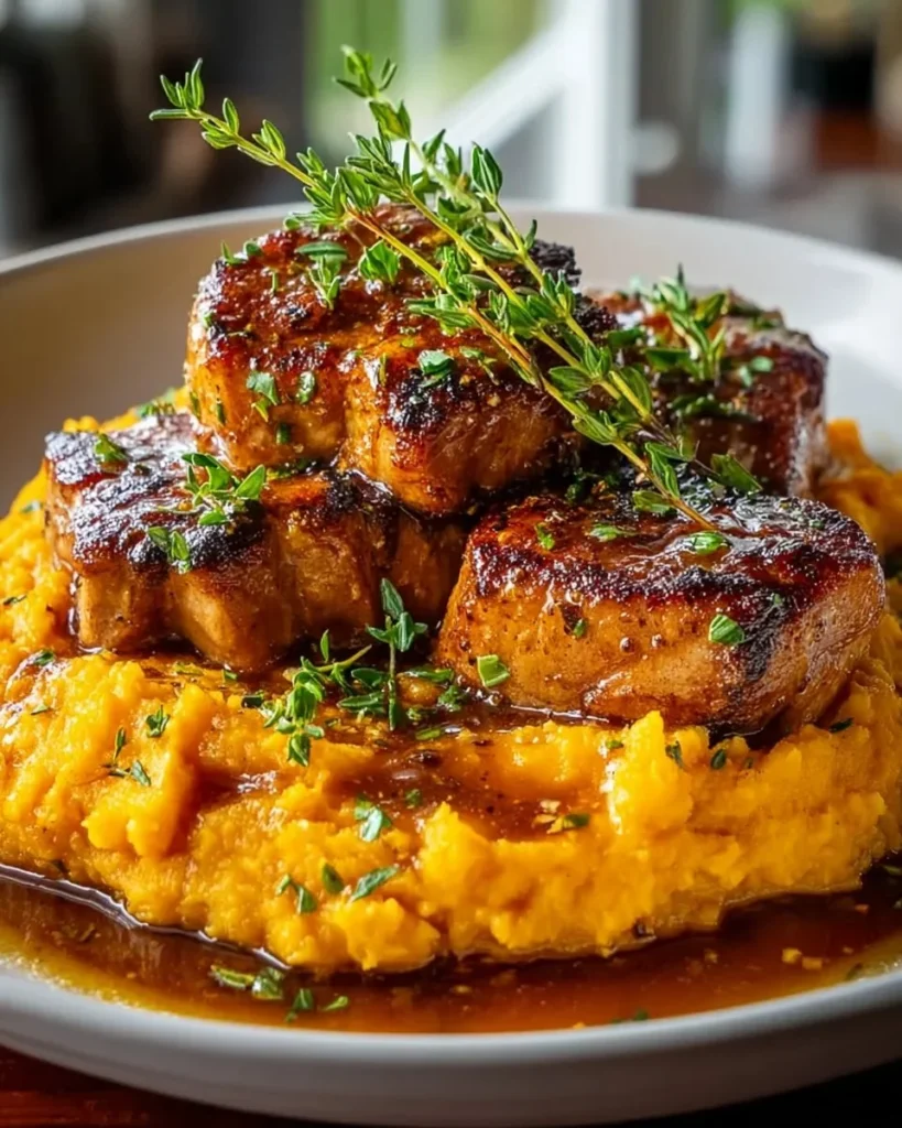 Tasty apple cider beef served with creamy mashed sweet potatoes on a plate