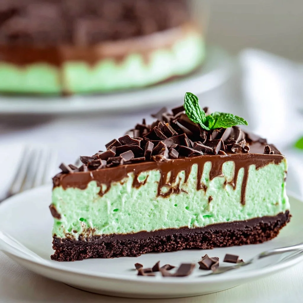 Delightful St. Patrick’s Day mint chocolate cheesecake topped with mint leaves