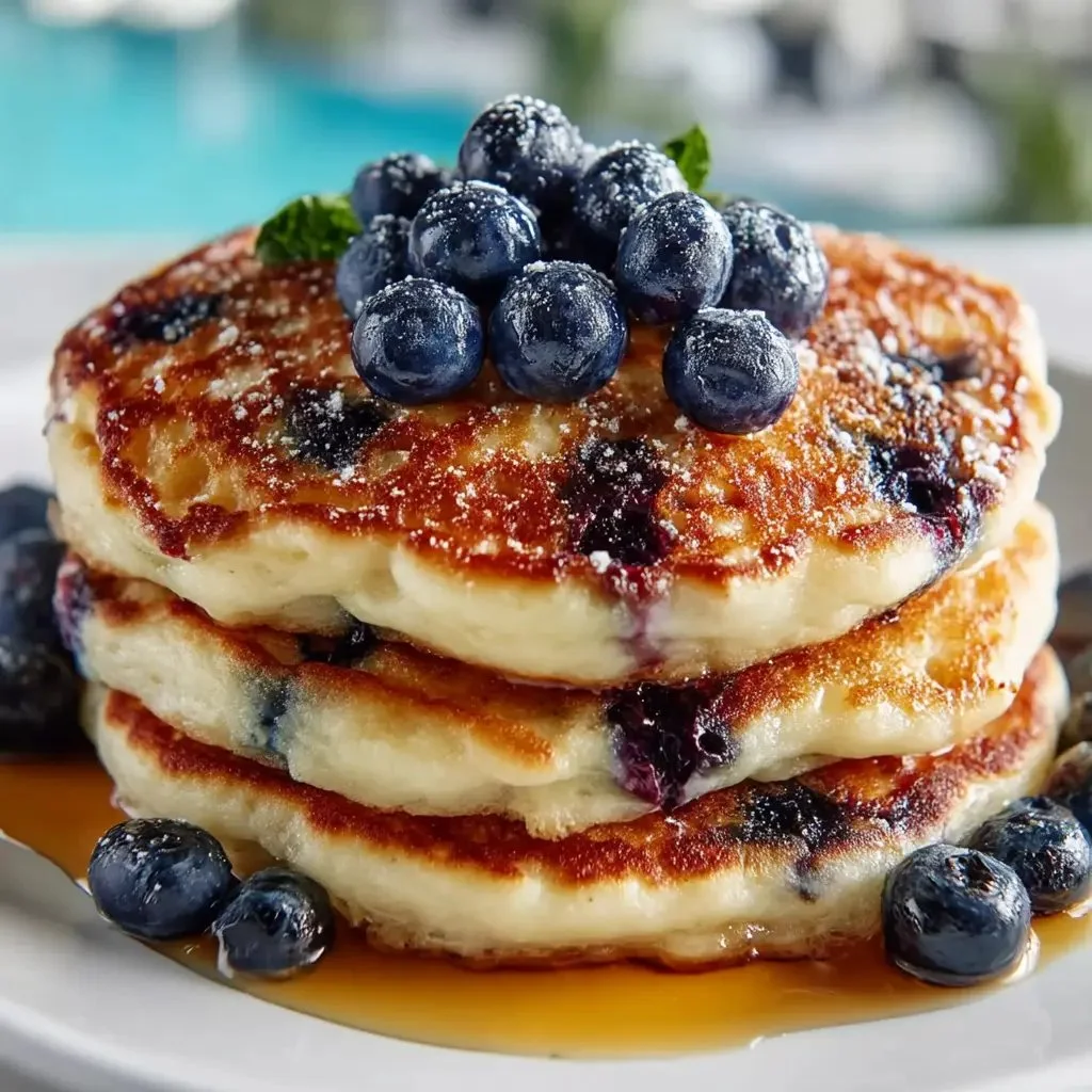 Stack of easy blueberry pancakes topped with fresh blueberries and syrup