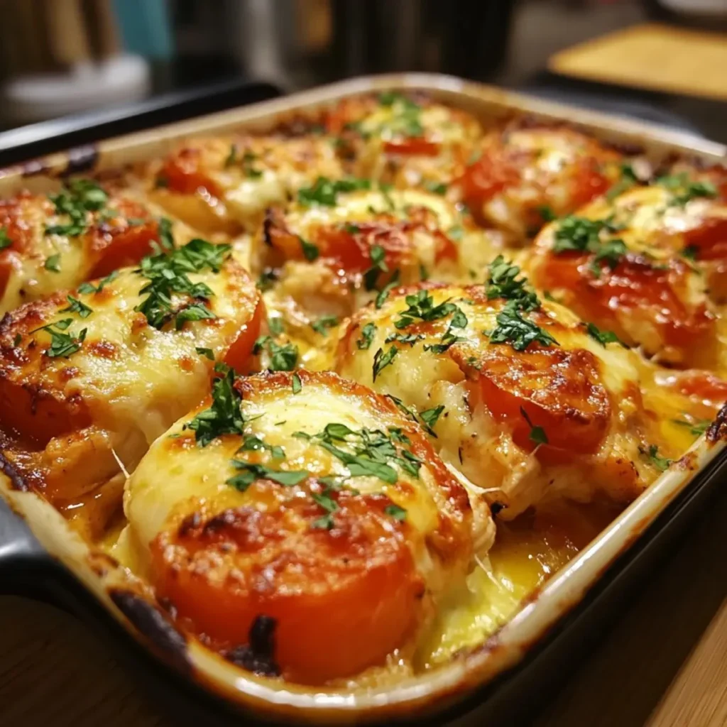 Cheesy Tomato Baked Chicken Bake topped with juicy ingredients