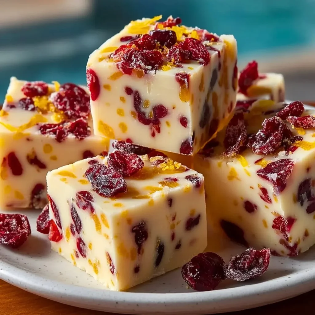 Delicious cranberry orange fudge squares on a decorative plate