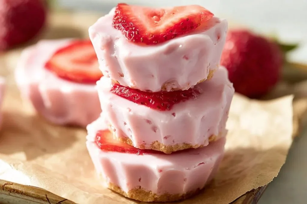 Frozen strawberry yogurt bites for a refreshing and healthy snack.
