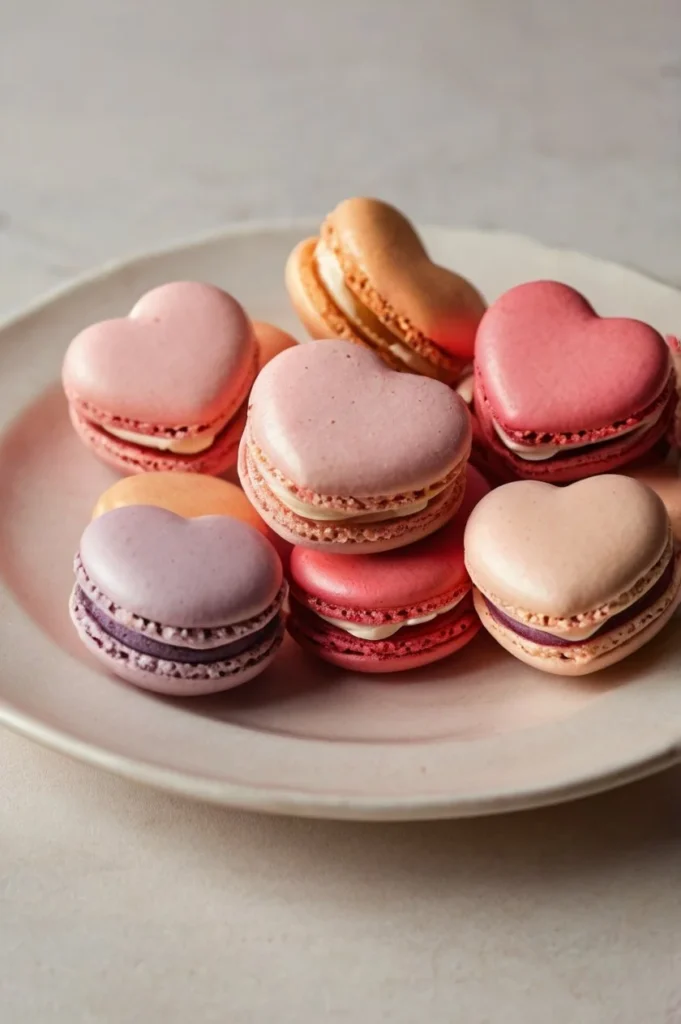Heart-shaped macarons in various colors and flavors on a decorative plate