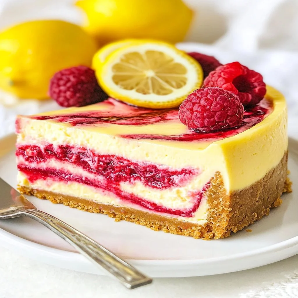 Heavenly lemon raspberry swirl cheesecake with vibrant raspberry topping.