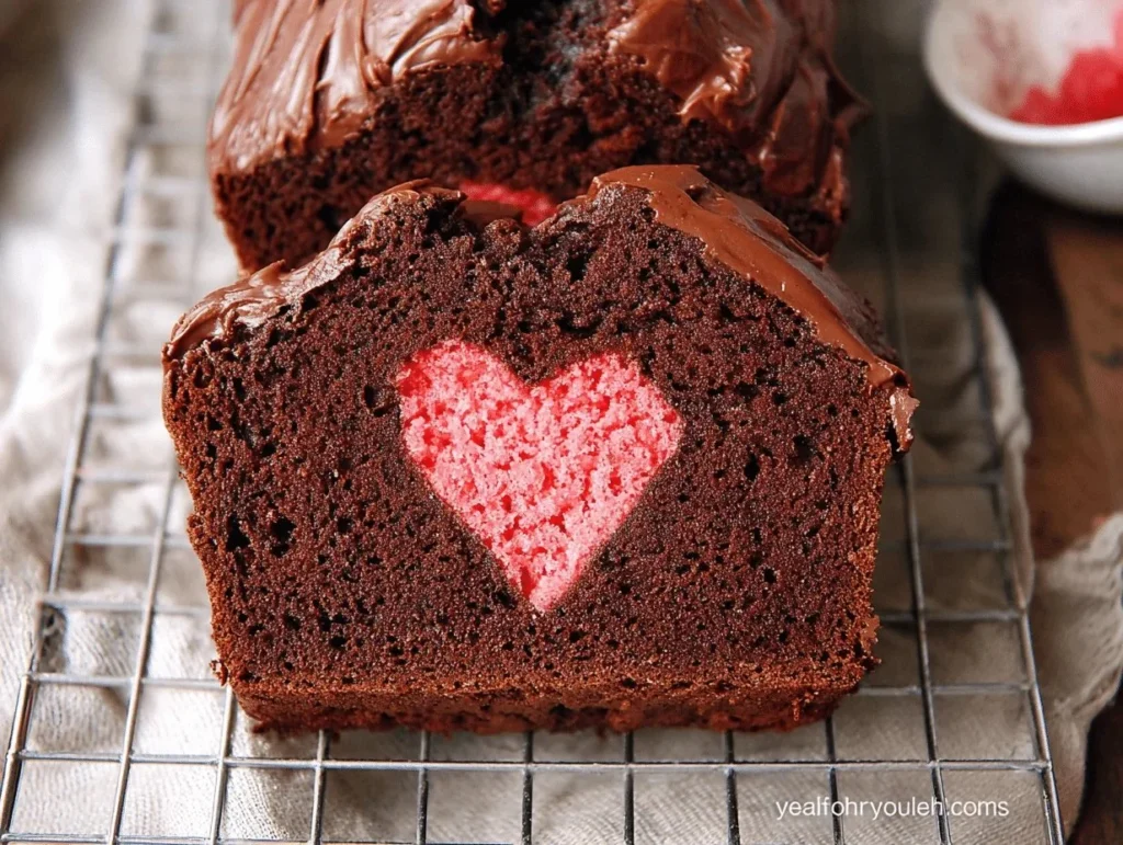 Hidden Heart Chocolate Loaf Cake with a rich, moist texture and chocolate glaze