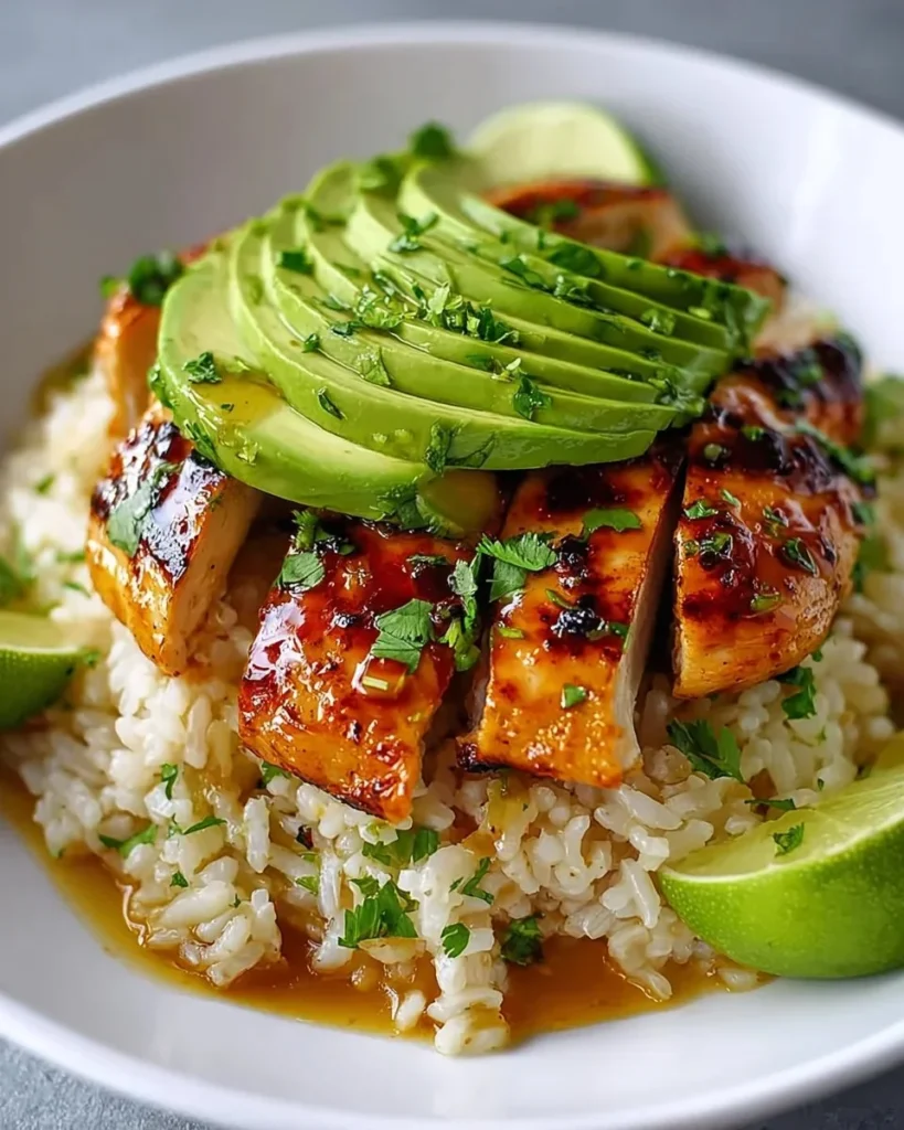 Honey Lime Chicken served with a side of avocado rice on a white plate