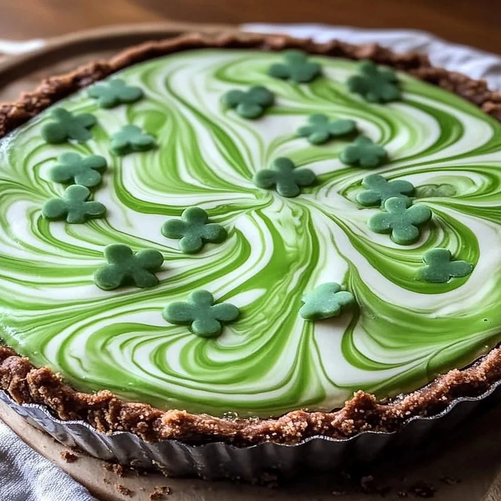 Irresistible Shamrock Swirl Pie with green and white swirls, perfect for St. Patrick's Day.