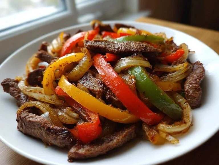 Delicious juicy steak fajitas served with peppers and onions