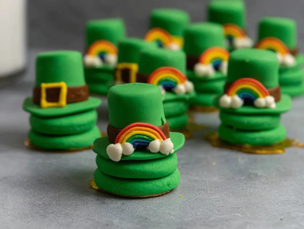 Colorful leprechaun hat cookies decorated for St. Patrick's Day