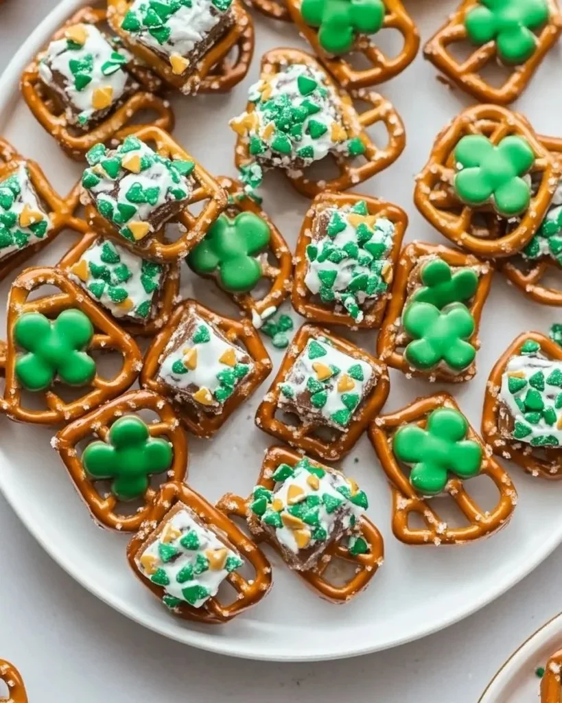 Lucky Rolo Pretzel Bites on a plate, featuring chocolate and pretzel layers