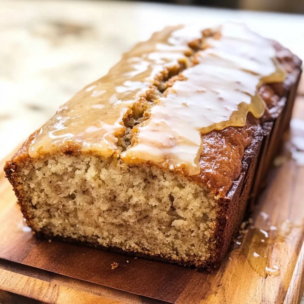 Maple Glazed Banana Bread with slices and syrup drizzle on a rustic table