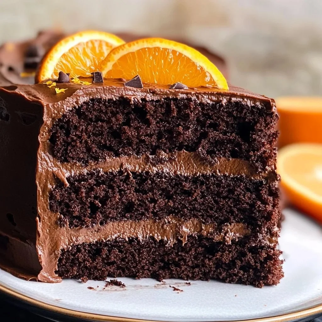 Moist chocolate orange cake topped with orange slices and chocolate shavings