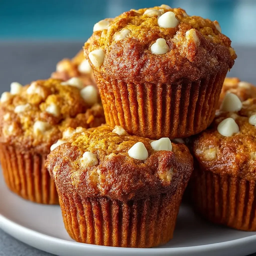 Moist pumpkin white chocolate chip muffins with a golden brown top