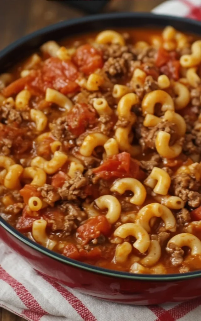 A bowl of old-fashioned goulash served with fresh herbs and bread.