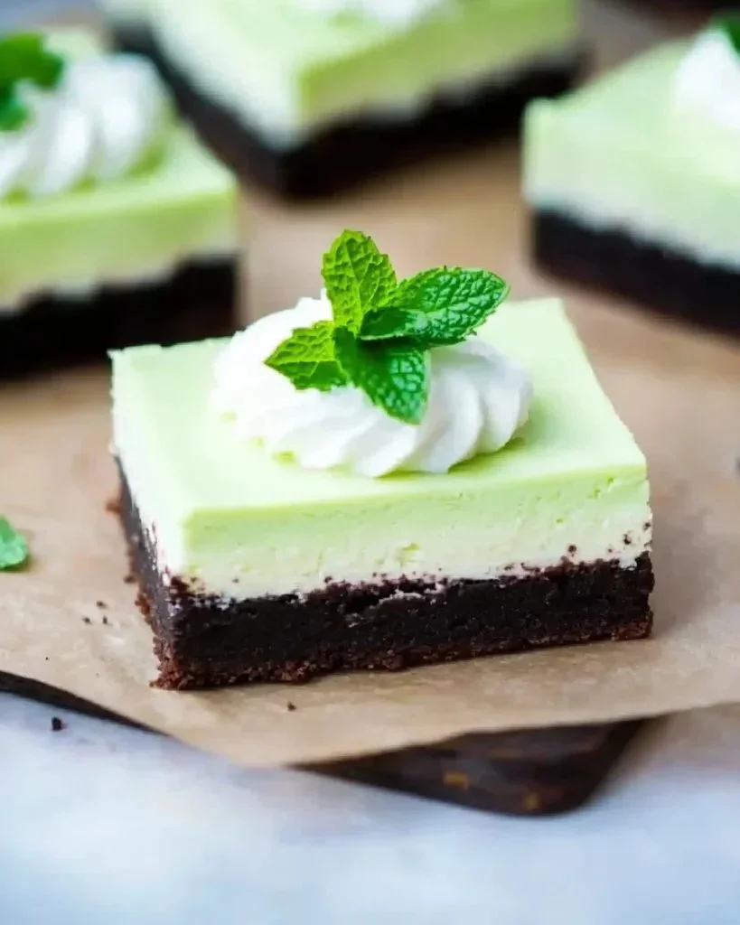 Delicious Oreo Mint Cheesecake Bars topped with crushed Oreos and mint.