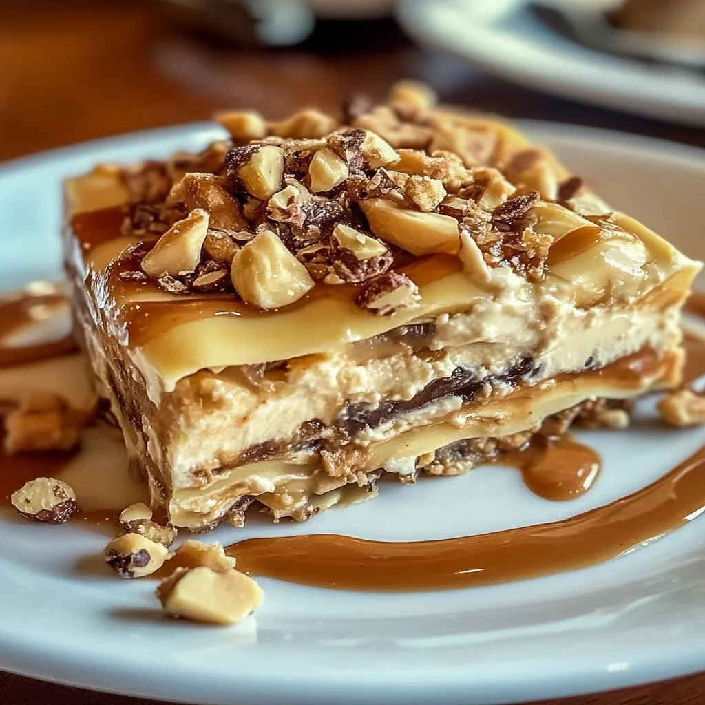 Delicious Peanut Butter Crunch Lasagna layered dessert with creamy peanut butter and crunchy toppings