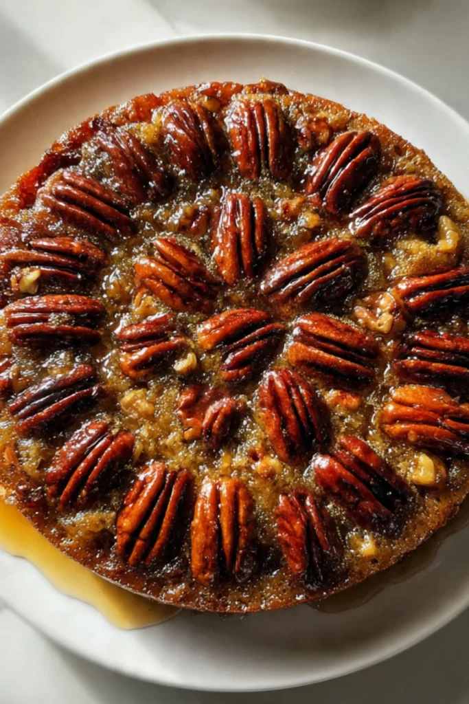 Delicious pecan upside-down cake topped with caramelized pecans