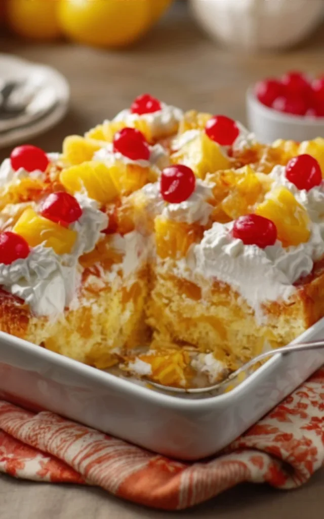 Deliciously decadent Pineapple Dream Cake topped with fresh pineapple slices.