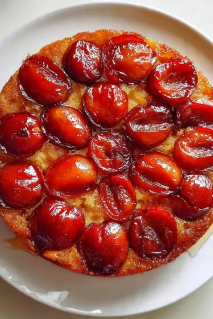 Deliciously moist Plum Upside-Down Cake topped with juicy plums