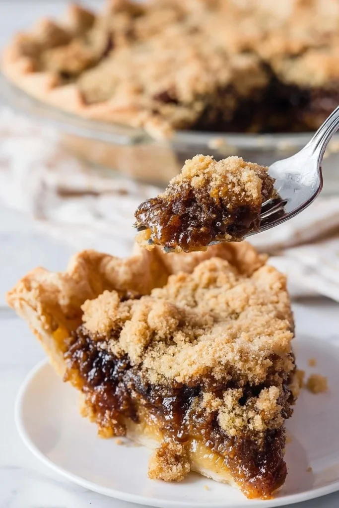 Delicious Shoofly Pie topped with crumble and drizzled with molasses
