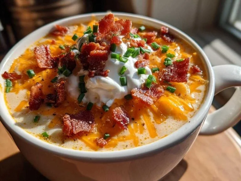Creamy and delicious silky loaded baked potato soup garnished with toppings.