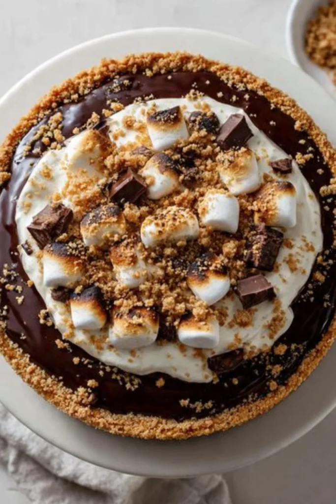 Delicious S’mores Cheesecake topped with chocolate and marshmallows.