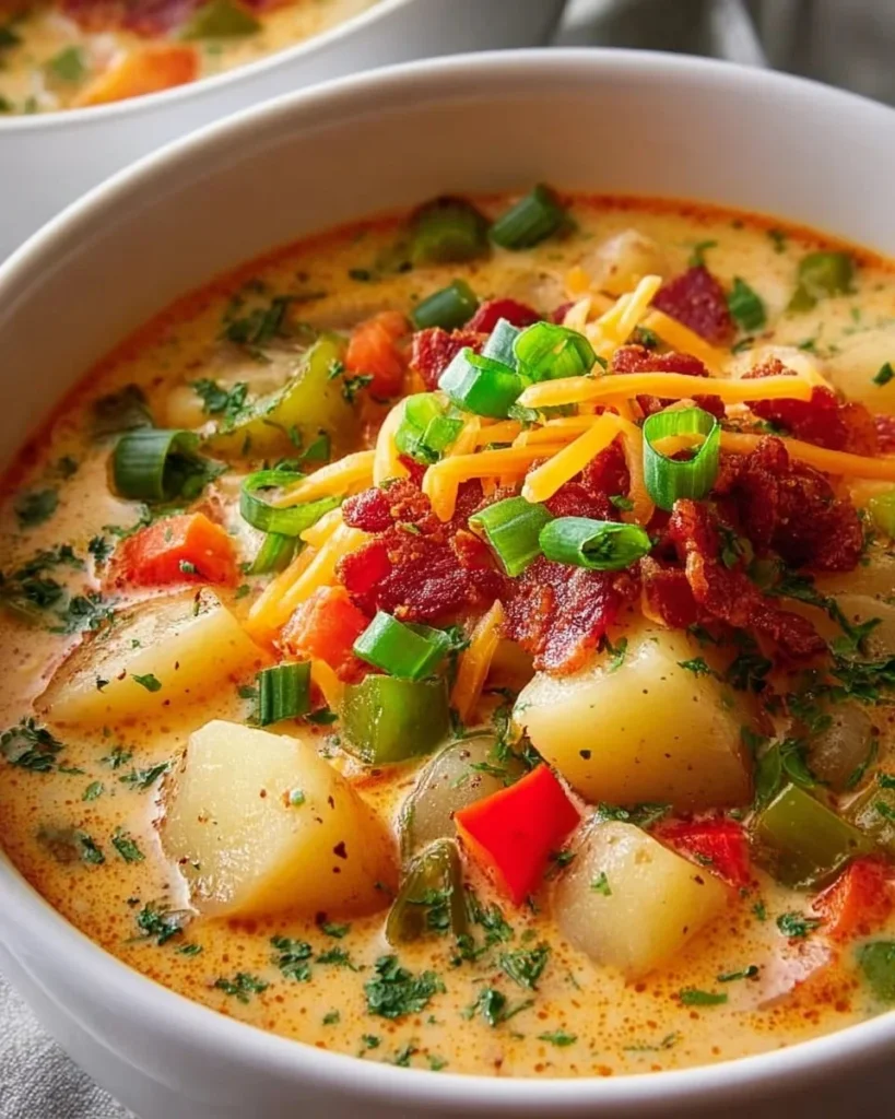 Bowl of spicy Cajun potato soup garnished with herbs and served hot