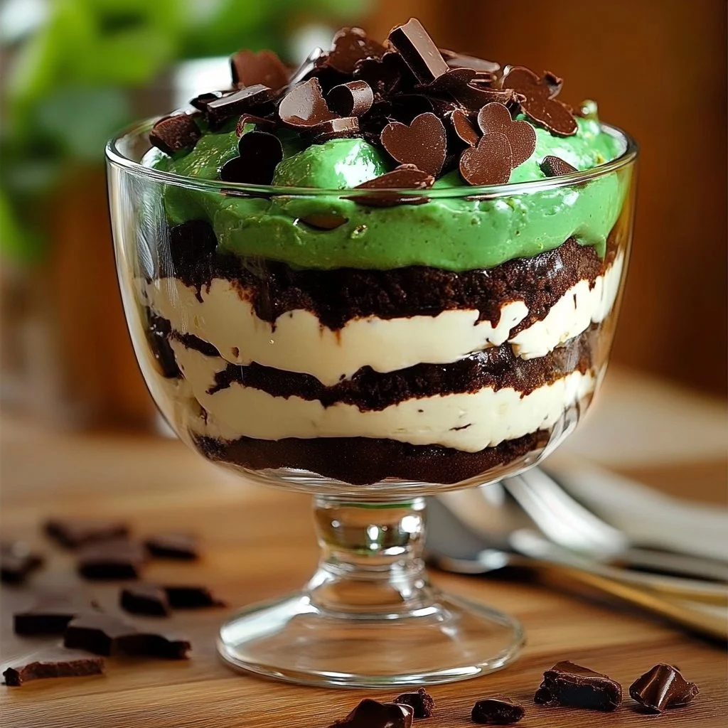 St. Patrick’s Day brownie trifle with layers of chocolate and festive decorations
