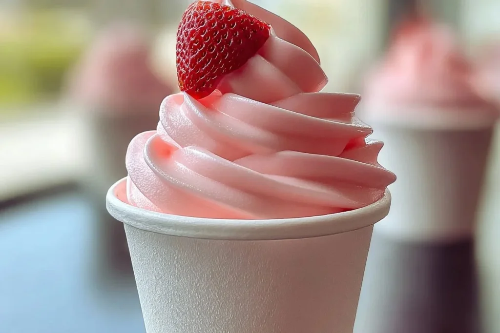 Delicious Strawberry Dole Whip served in a cup with a spoon