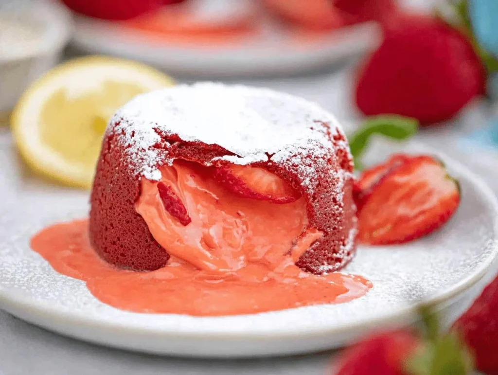 Decadent strawberry lava cake with a molten chocolate center and fresh strawberries