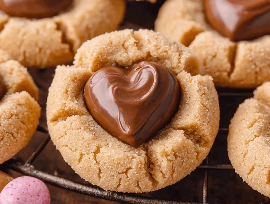 Valentine Peanut Butter Blossoms with chocolate kisses on a plate