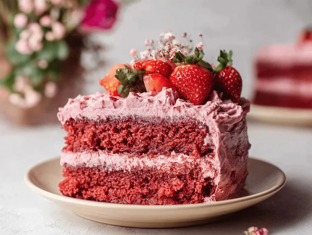 Delicious Vegan Strawberry Cake topped with fresh strawberries and cream