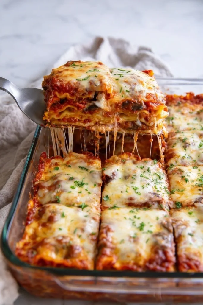 Plate of homemade vegetable lasagna with layers of veggies and cheese